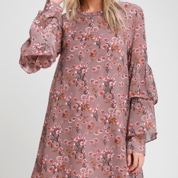 Day Date Mauve Floral Print Tiered Flounce Sleeve Mini Dress - Picture 2 of 12